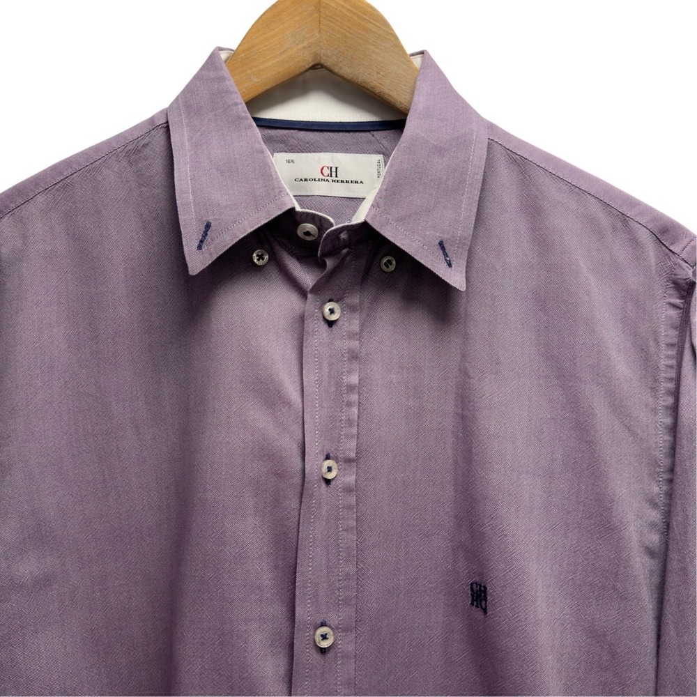 Carolina Herrera Mens 16.5 Purple CH Logo Cotton Button Down Shirt Portugal euc
